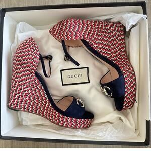Gucci Carolina Navy Red Gold woven Braided Horsebit wedges size 37.5 box/dustbag